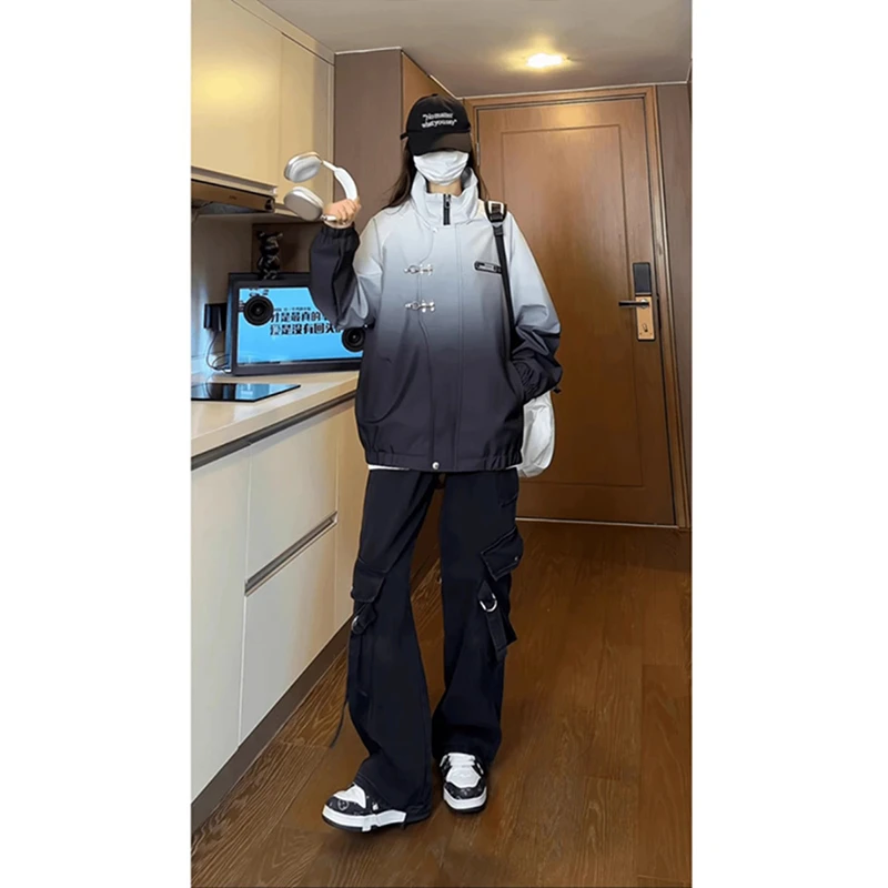 渐变新中式外套男早秋穿搭美式飞机扣夹克设计感短款立领冲锋外套