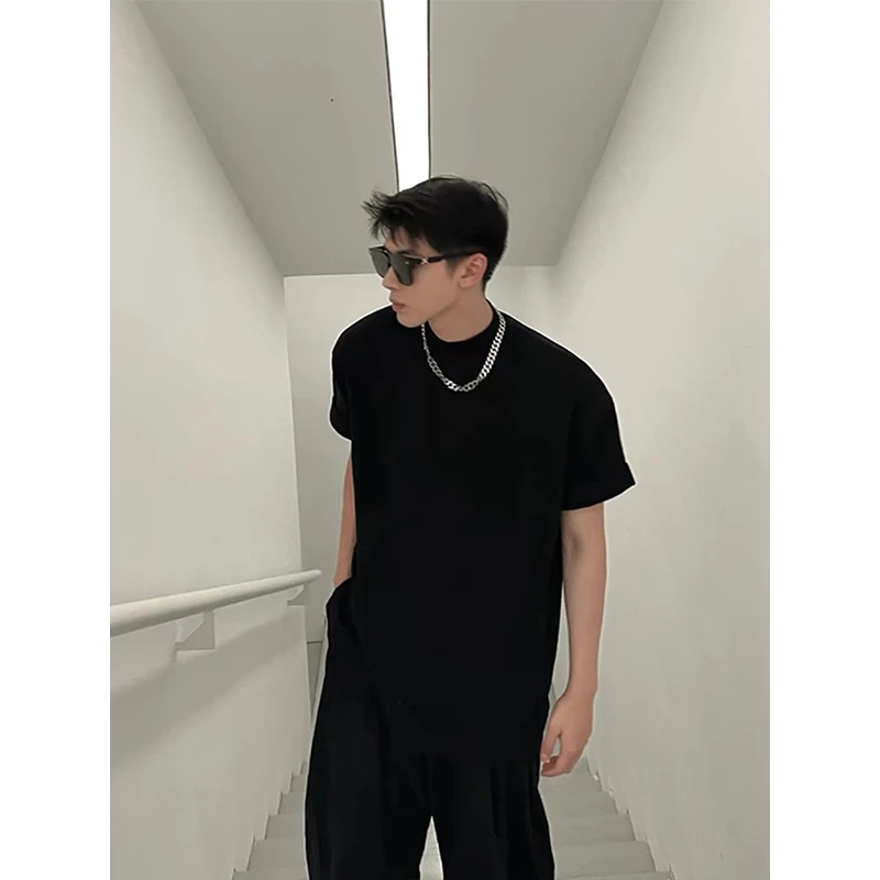 黑色汗衫宽松纯棉t恤男夏季美式重磅小领口45分袖高级感痞帅短袖
