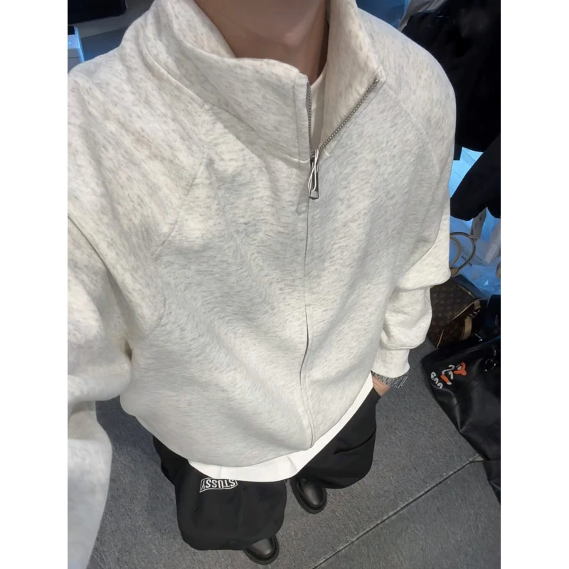 灰色立领开衫卫衣男秋冬美式高街潮牌无帽衫oversize重磅夹克外套