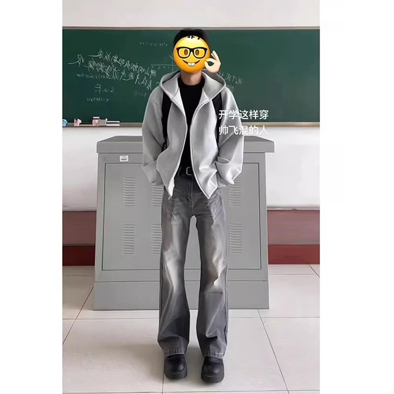 cleanfit浅灰色开衫连帽卫衣男春秋美式复古重磅硬挺上衣拉链外套