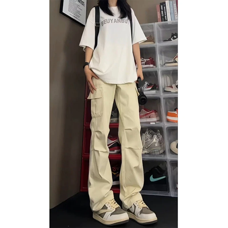 美式高街大口袋工装裤子高个子直筒伐木裤男款夏季高腰褶皱微喇裤