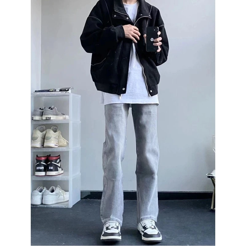 美式复古高街vibe潮牌烟灰色修身弹力牛仔裤男款直筒百搭微喇裤子