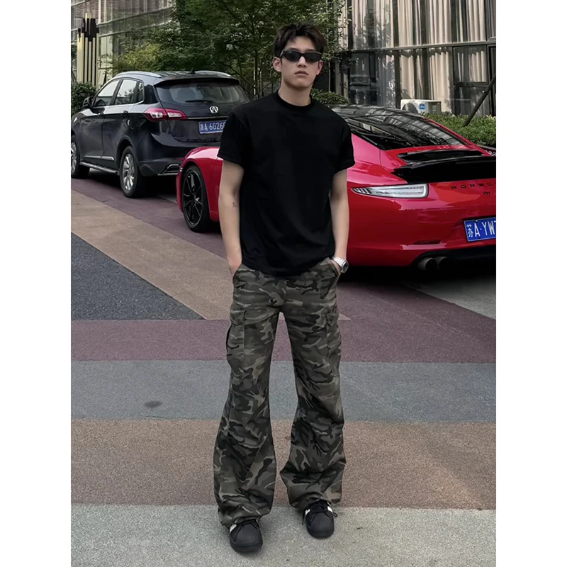 美式复古多口袋迷彩裤子男款秋季高街工装牛仔裤痞帅阔腿休闲裤潮