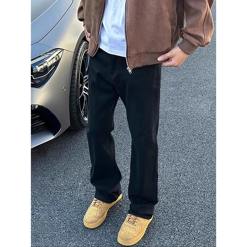 黑色修身弹力牛仔裤男款春秋潮流美式高街vibe裤子直筒微喇工装裤