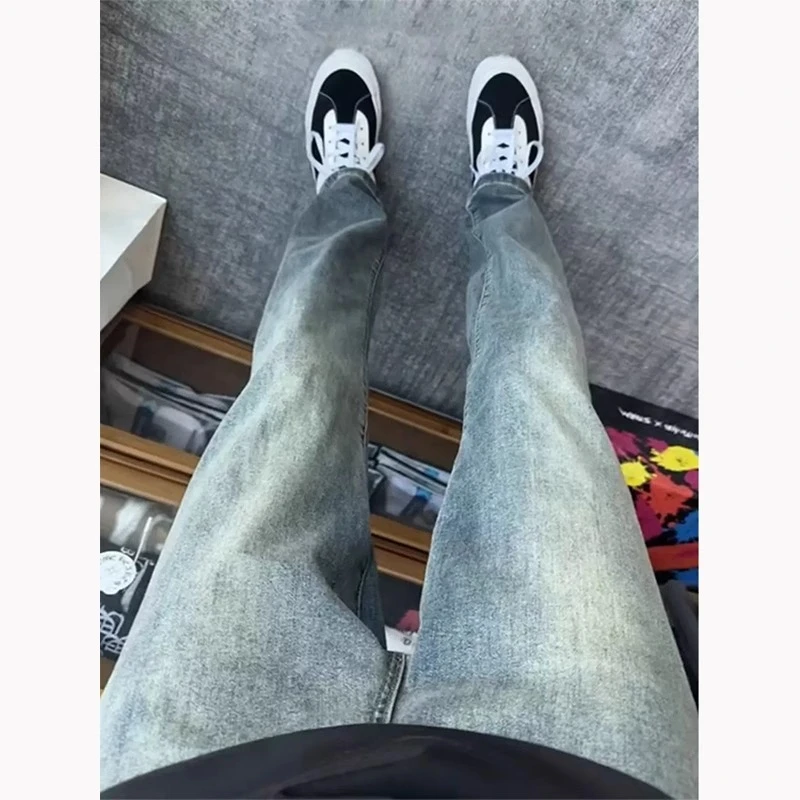 水洗复古蓝弯刀牛仔裤直筒修身美式vibe风裤子高街窄版弹力微喇裤