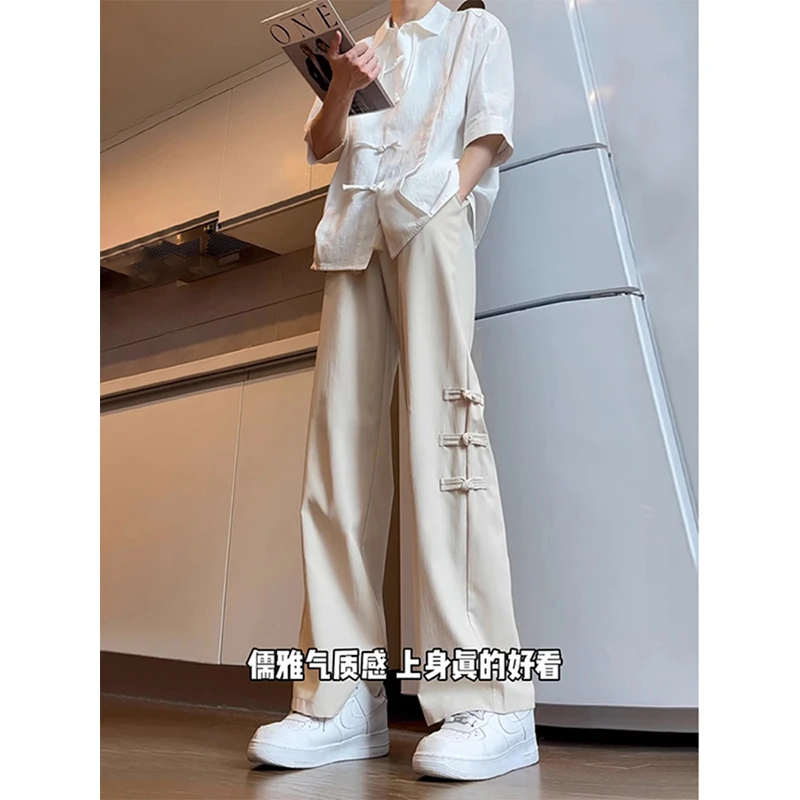 新中式轻国风禅意盘扣裤男款夏季薄款冰丝裤子垂感高级感痞帅长裤