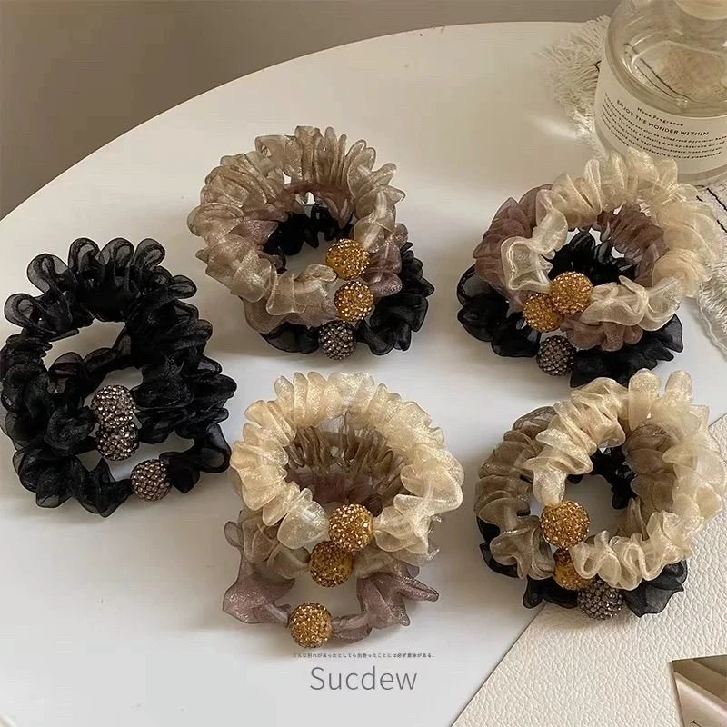 【新款6根钻球网纱高端百搭水钻头绳】女秋冬扎头花发绳橡皮筋高级