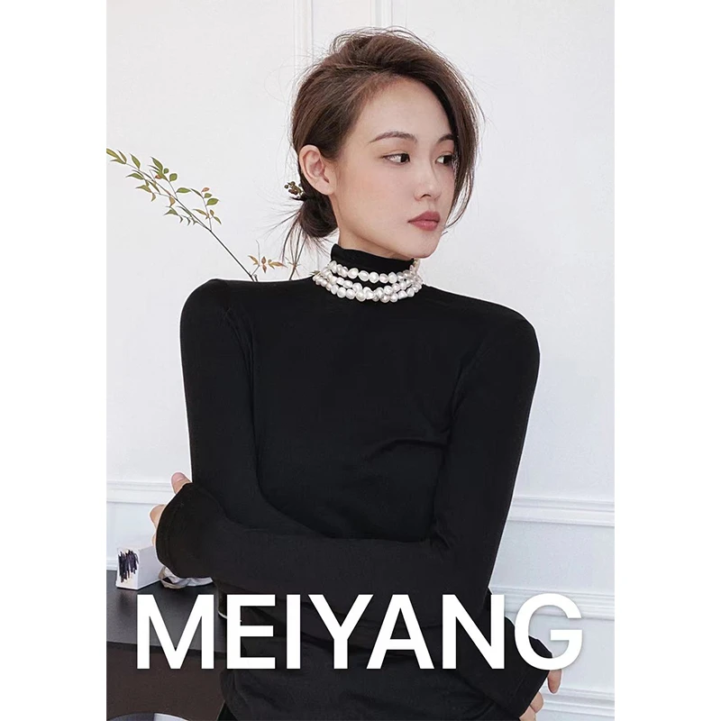 美洋MEIYANG长袖针织衫肌底液打底衫黑色百搭修身半高领