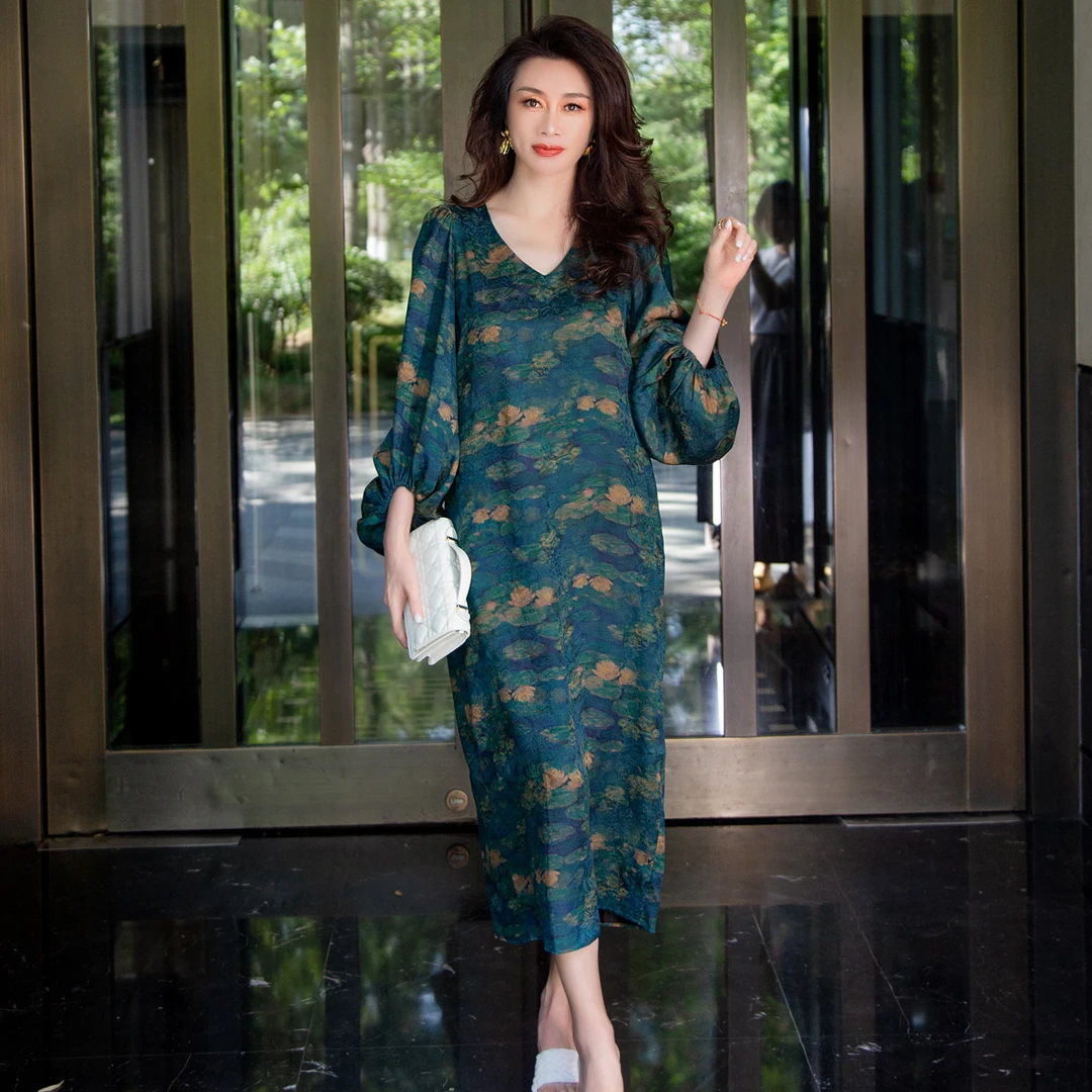 EDFNOT/杨红霞汝意WY香云纱莫奈睡莲灯笼袖连衣裙2303-6671