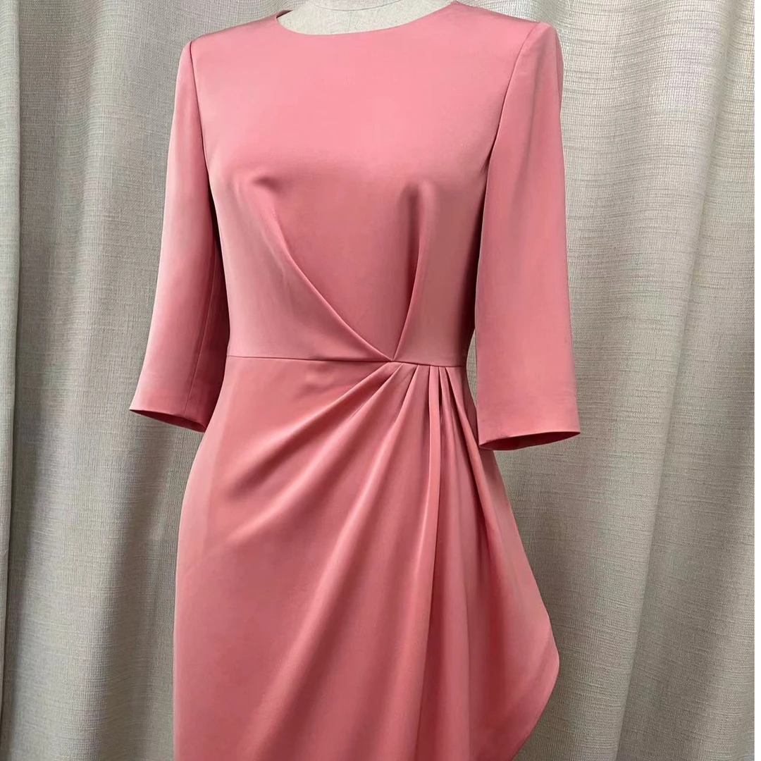 FS皮粉色褶皱连衣裙时尚优雅大气经典款【高端服装定制专家】