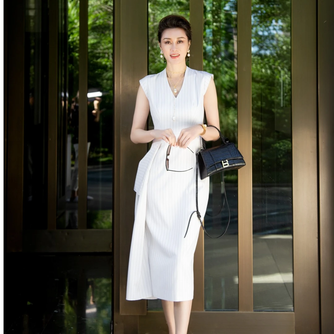 GS白色/黄色条纹醋酸连衣裙优雅时尚经典款【高端服装定制专家】