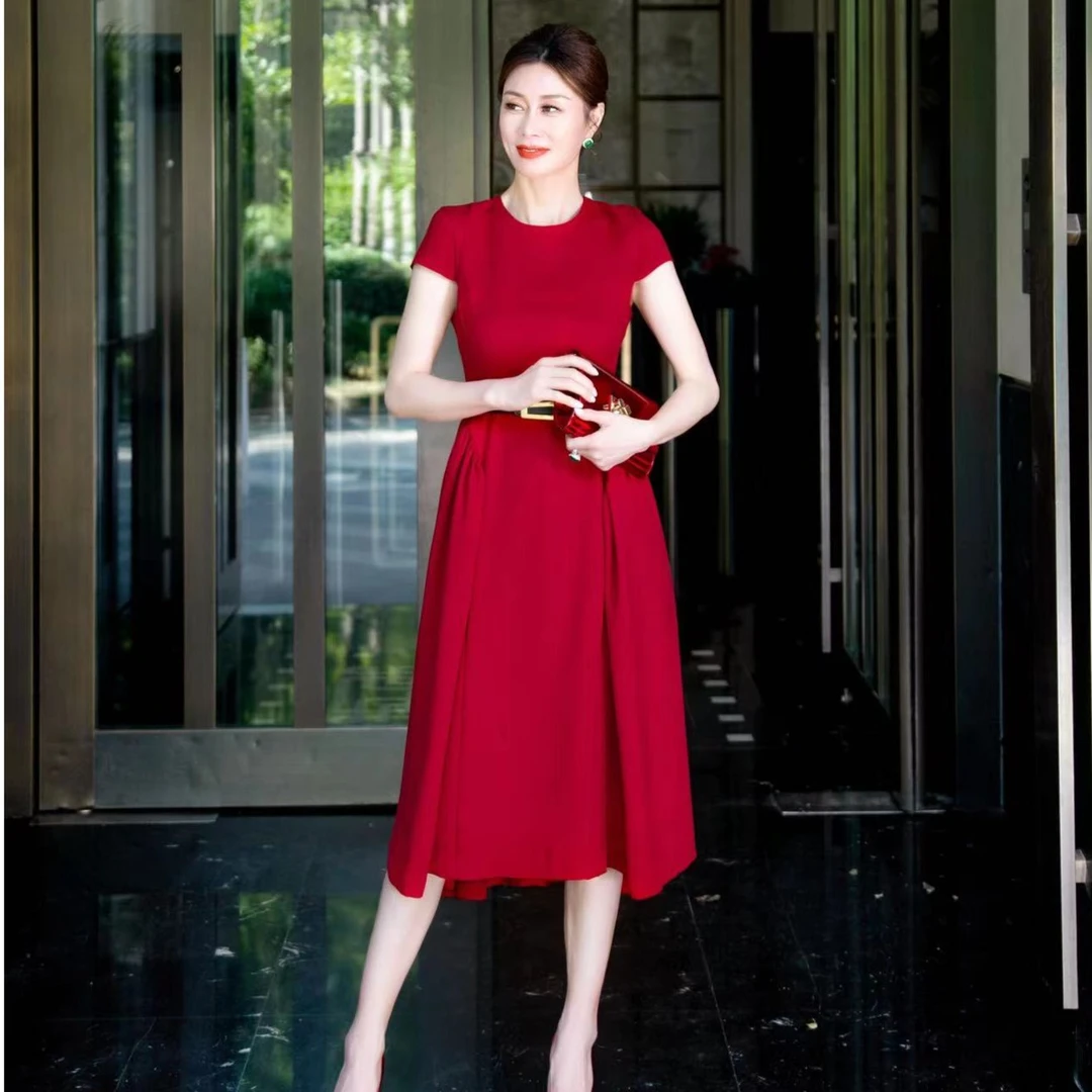 EDFNOT/杨红霞汝意MS小包袖两侧捏褶大摆连衣裙优雅时尚经典款