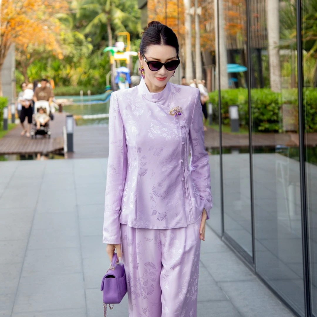 EDFNOT/杨红霞汝意紫色斜襟中式提花衬衣优雅大气2今木兰