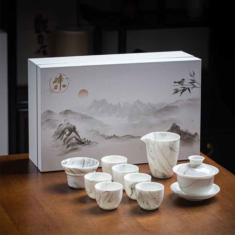家用水墨画手工青瓷高档茶具茶杯套装陶瓷茶壶杯子整套轻奢瓷盖碗
