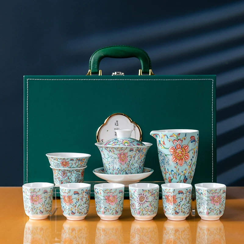 中式陶瓷珐琅彩功夫茶具家用轻奢高档茶壶茶杯套装景德镇高端盖碗