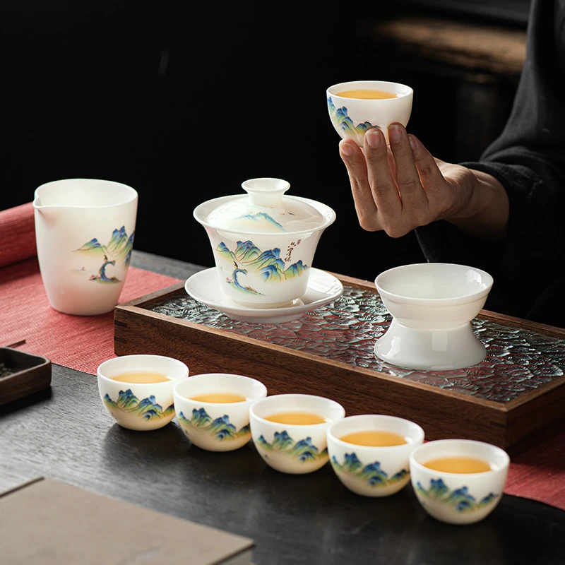 白瓷功夫茶具套装盖碗礼盒高档旅行茶杯羊脂玉手绘瓷盖碗简约杯子