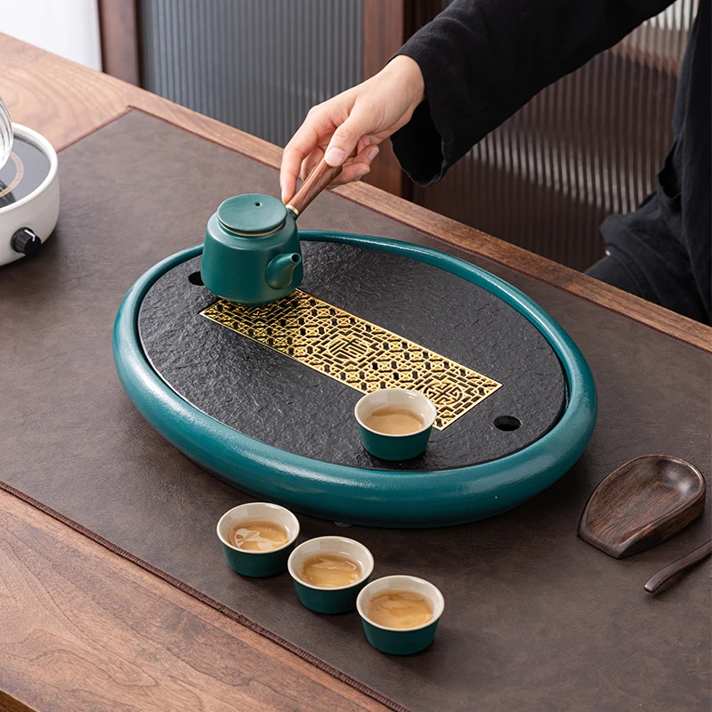 家用泡茶盘椭圆形乌金石茶台新中式轻奢沥水干泡盘茶托盘陶瓷茶具