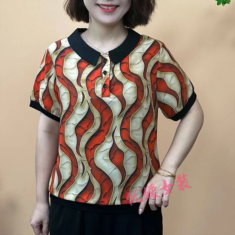 2024夏季时尚新款翻领薄款透气凉快显瘦洋气妈妈装短袖上衣 A8686