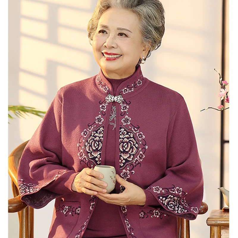 中老年人外套女奶奶装春秋款针织衫长袖两件套中国风妈妈装上衣