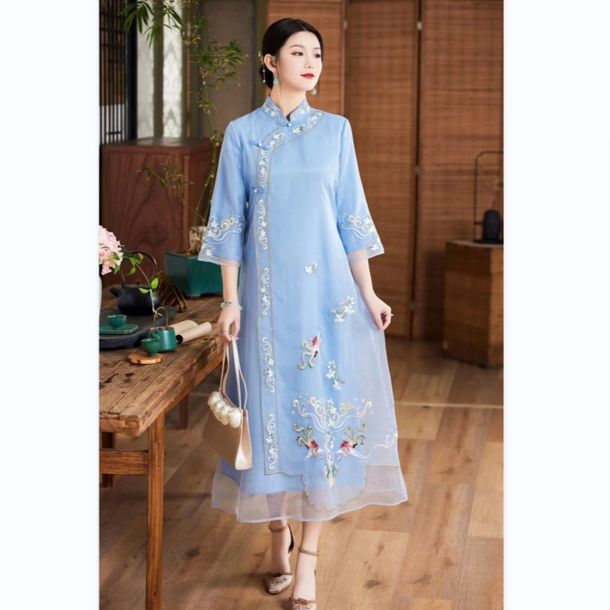 2255蓝色连衣裙刺绣中国风新中式