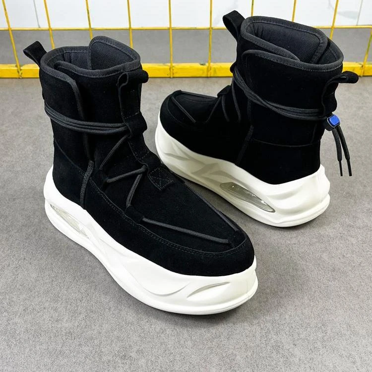 男士黑色小众高帮鞋2024秋冬保暖增高厚底雪地靴中筒潮流休闲板鞋