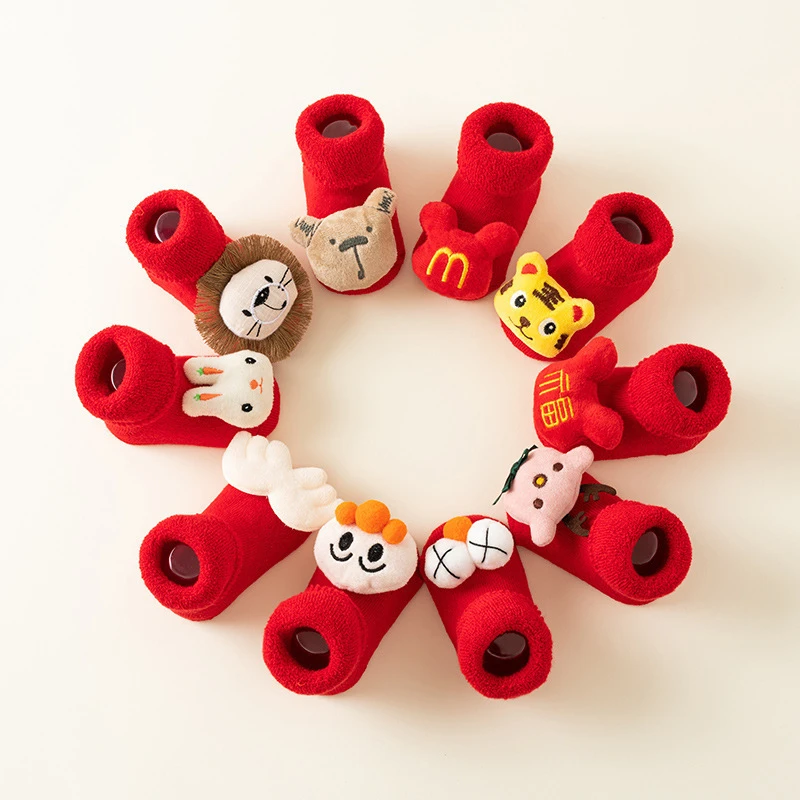 新生婴儿袜子秋冬款宝宝保暖加绒红毛圈防滑地板袜学步袜新年款