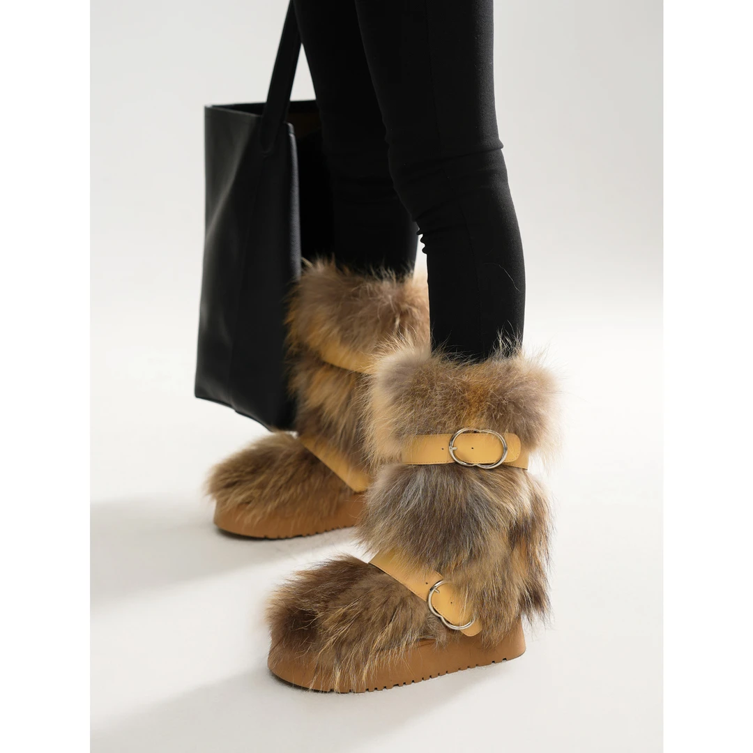 【蒙源利】貉子毛冬季绑带雪地靴内里绵羊毛中筒保暖休闲1258