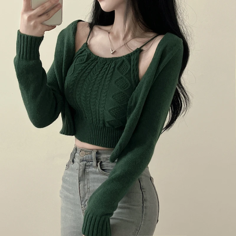 秋季洋气纯欲针织辣妹秋冬吊带背心无扣开衫短款上衣两件外穿套装