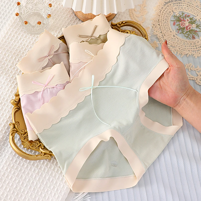 80支莫代尔女士内裤无痕高弹波浪边艾草透气底档内裤女中腰女生