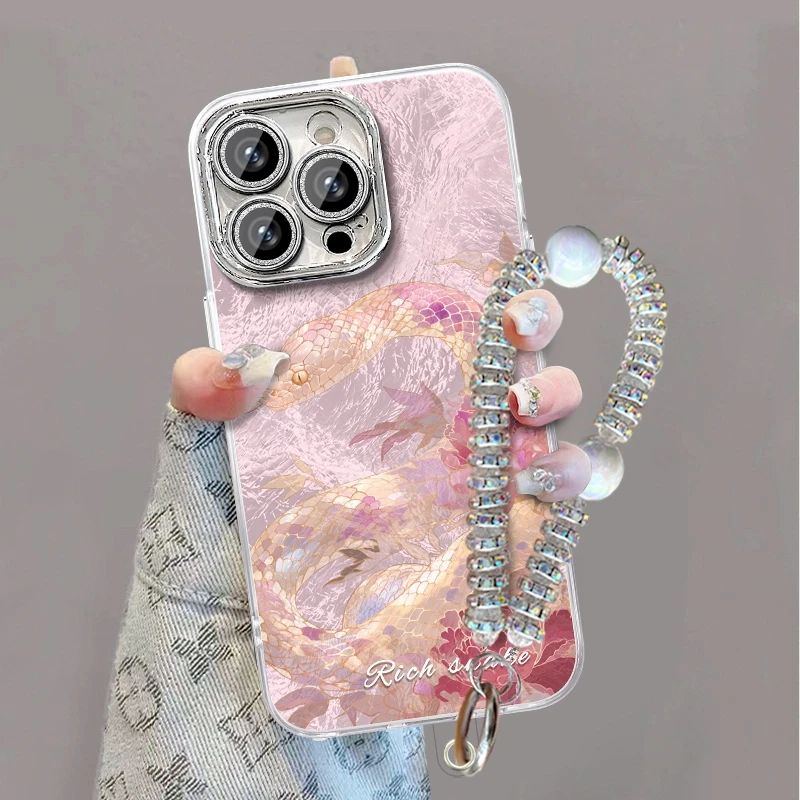 粉色小蛇适用苹果VIVO华为OPPO小米精孔冰川纹iPhone16手机壳