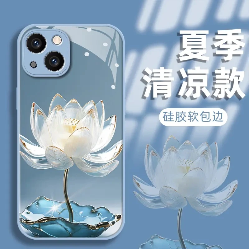 适用【苹果/华为/vivo/oppo】手机壳夏季新款莲花液态玻璃壳全包