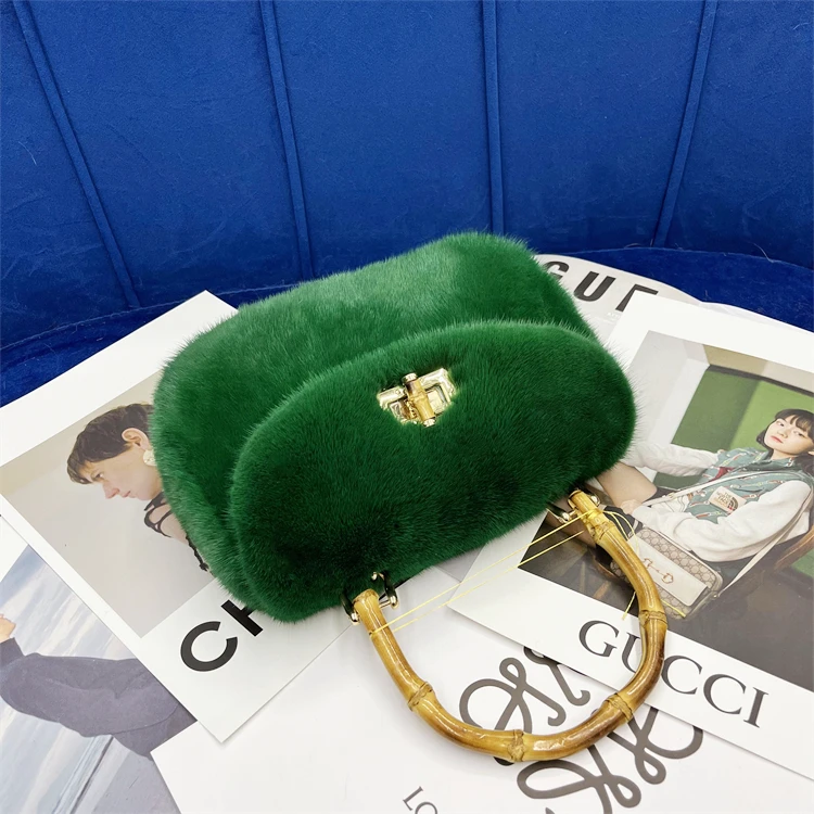 竹节手提包进口水貂毛整皮2023新款简约时尚皮草包包手提包大容量