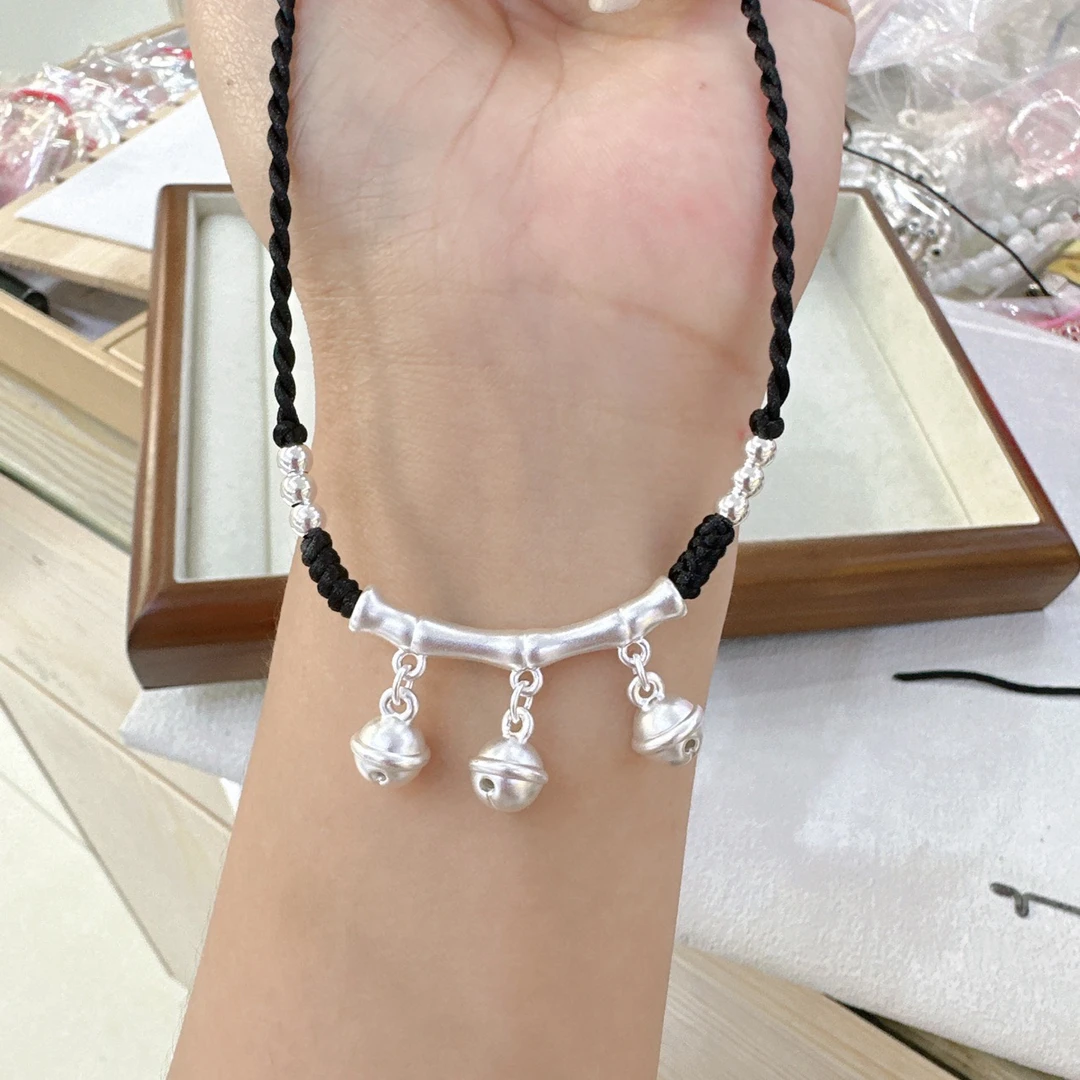 吊坠足银 999足银弯管项链女 手工编织时尚锁骨链纯银编绳项链