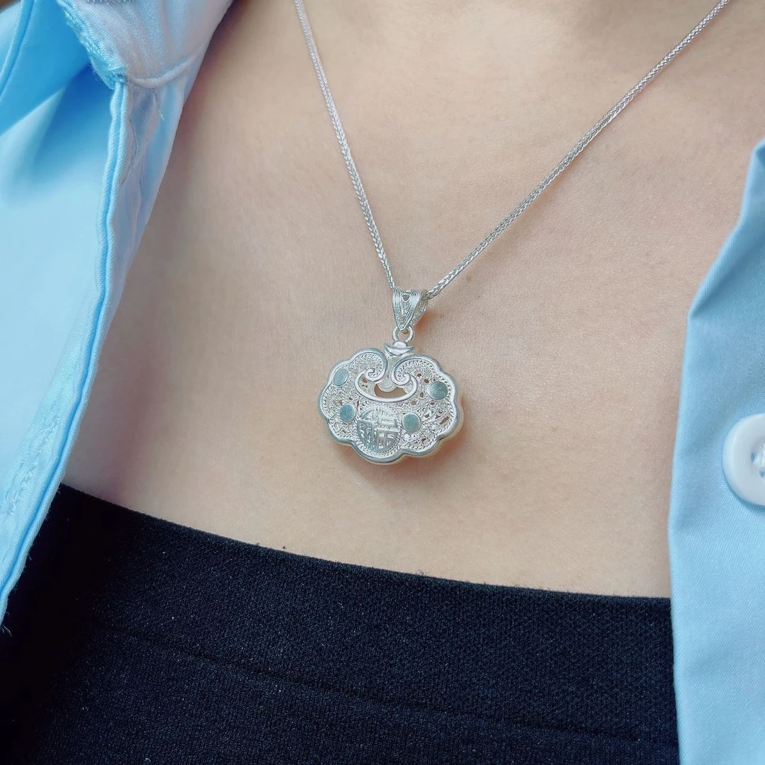 吊坠足银 祥云平安福字足银吊坠无铃铛锁包纯银项链手工百搭气质