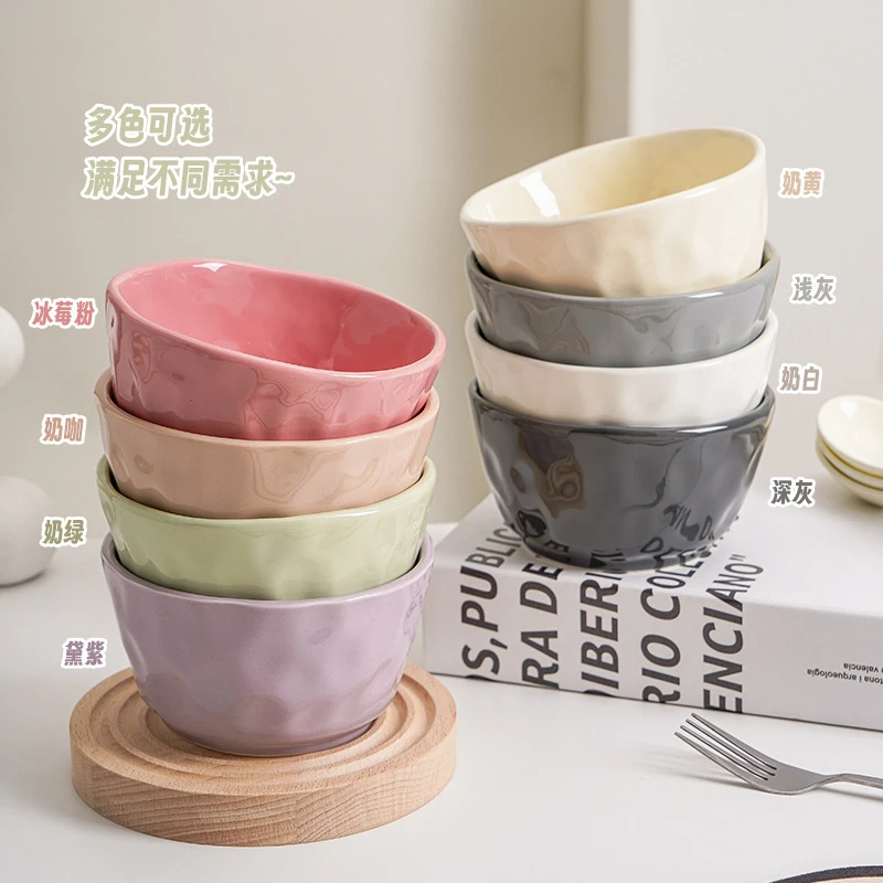 6个装手捏纹家用米饭碗纯色陶瓷碗餐具网红情侣简约学生吃饭碗