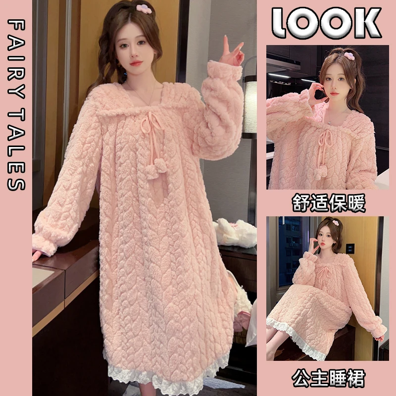 大码胖mm高颜值秋冬睡裙珊瑚绒加厚网红爆款2024新款可外出睡衣女