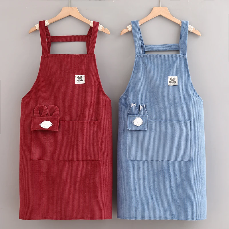 新款灯芯绒防水围裙女罩衣厨房家用防油污时尚漂亮做饭耐脏工作服