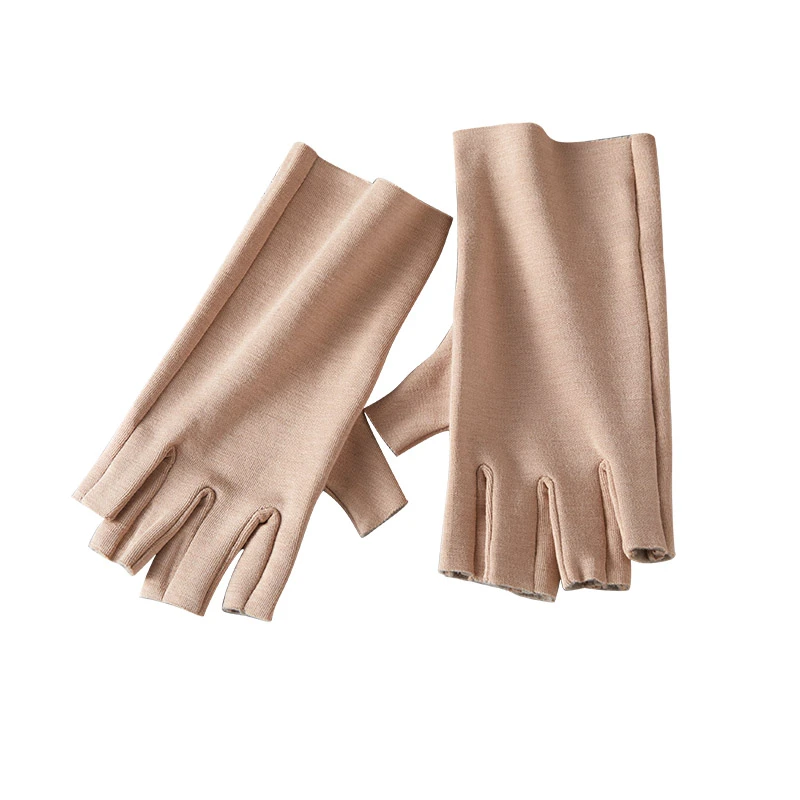 秋冬真丝拉绒保暖手套 内里100%桑蚕丝护腕防寒短款灵活半指手套
