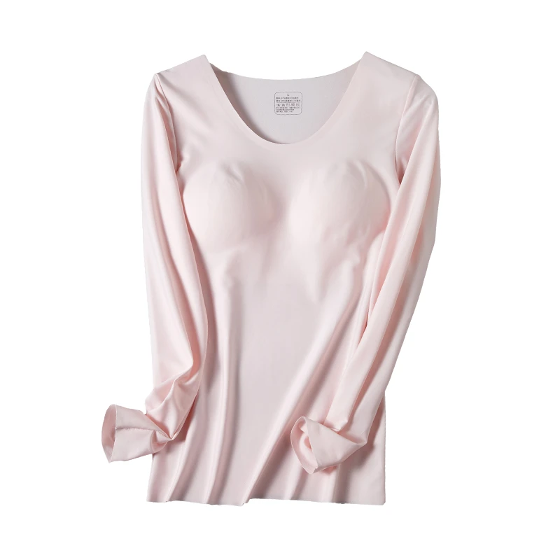 桑蚕丝内层磨毛保暖抗寒秋衣罩杯一体免穿文胸亲肤无痕真丝打底衫