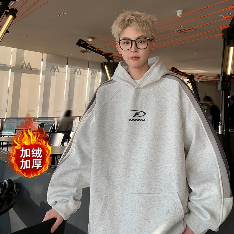 WSYYQIUYI美式拼接小logo织带插肩袖帽衫学生加绒加厚连帽卫衣