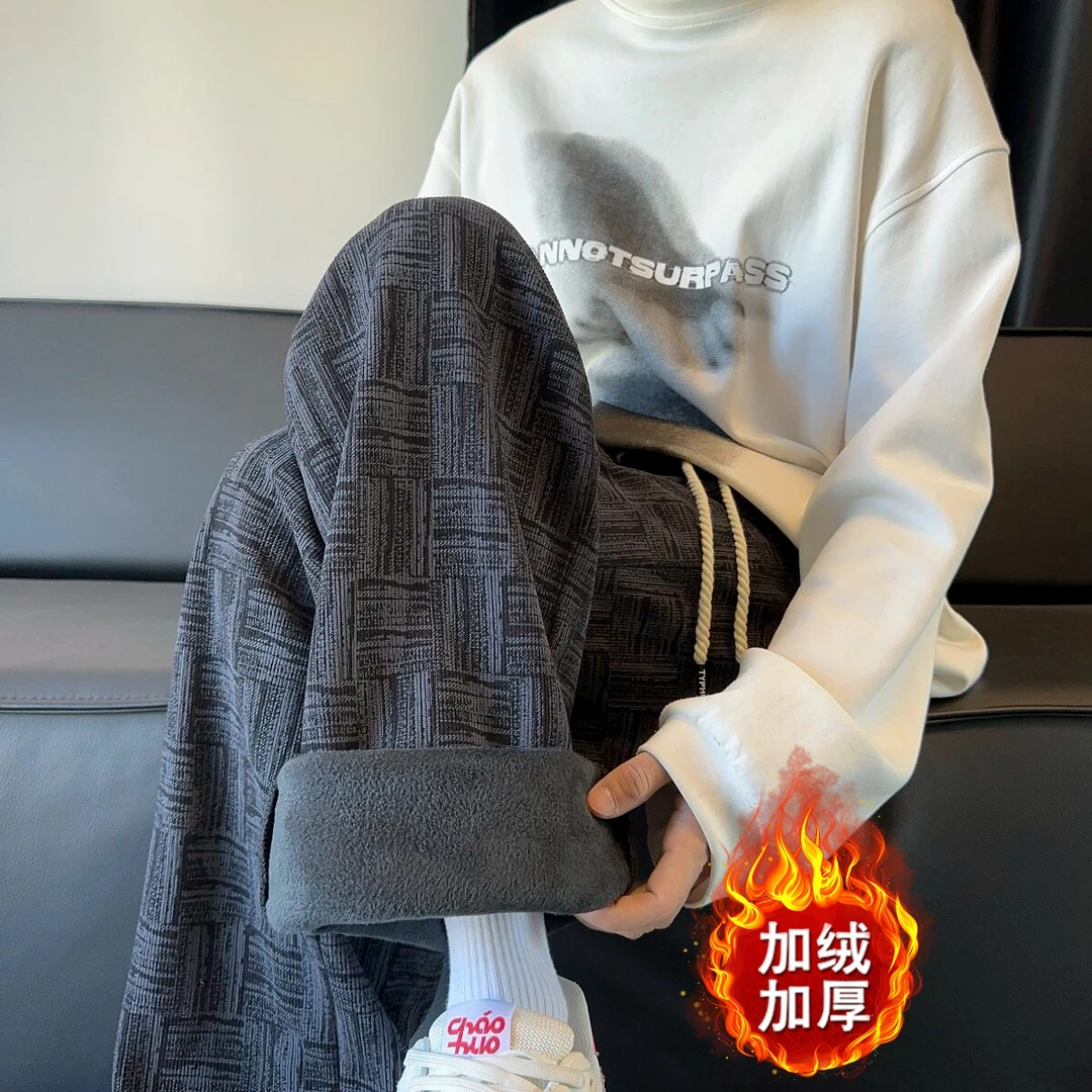 WSYYQIUYI美式扎染加绒加厚保暖休闲裤男秋冬季宽松直筒阔腿裤子