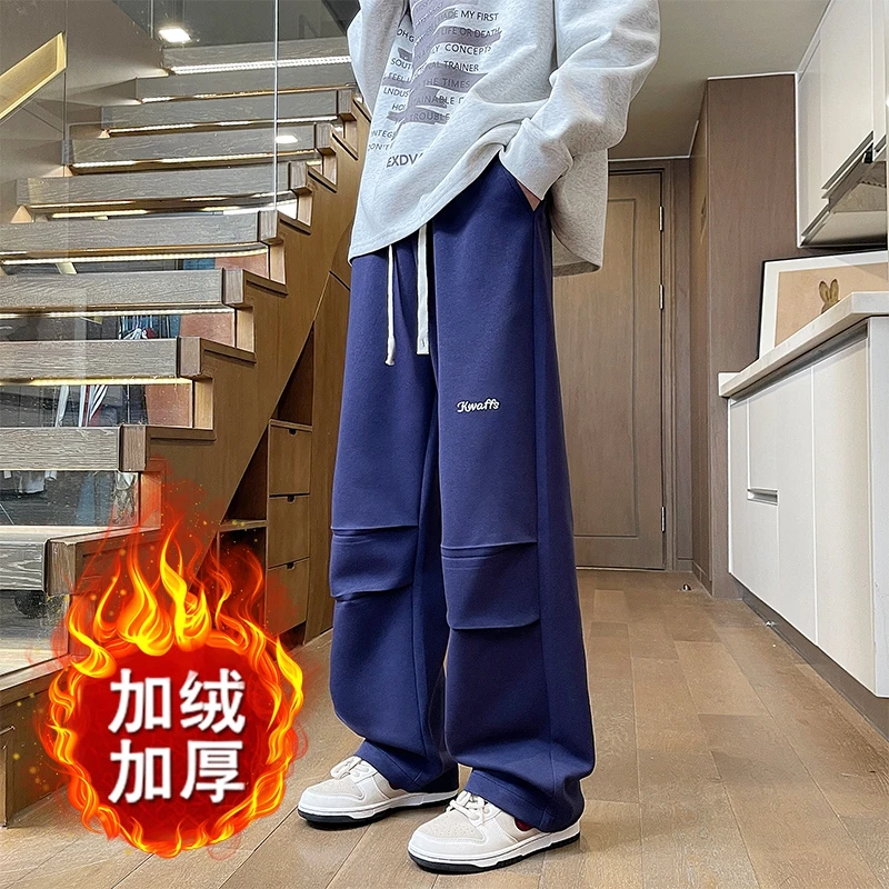 WSYYQIUYI休闲加绒裤男秋冬新款潮牌刺绣直筒阔腿裤美式百搭长裤