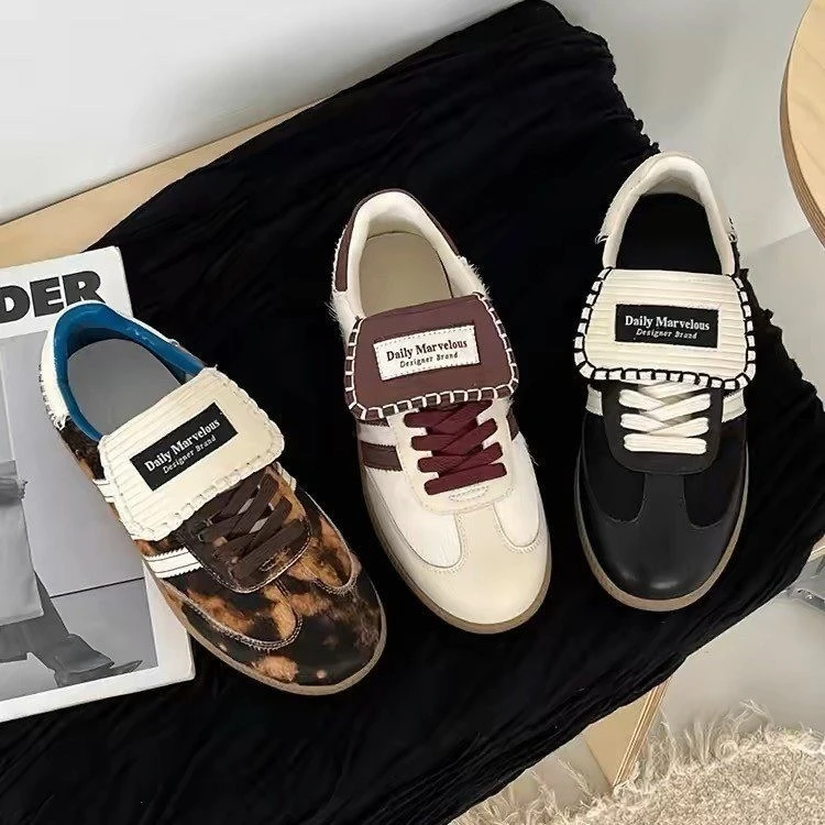 2023新款复古圆头真皮豹纹德训鞋百搭撞色条纹系带休闲阿甘鞋板鞋
