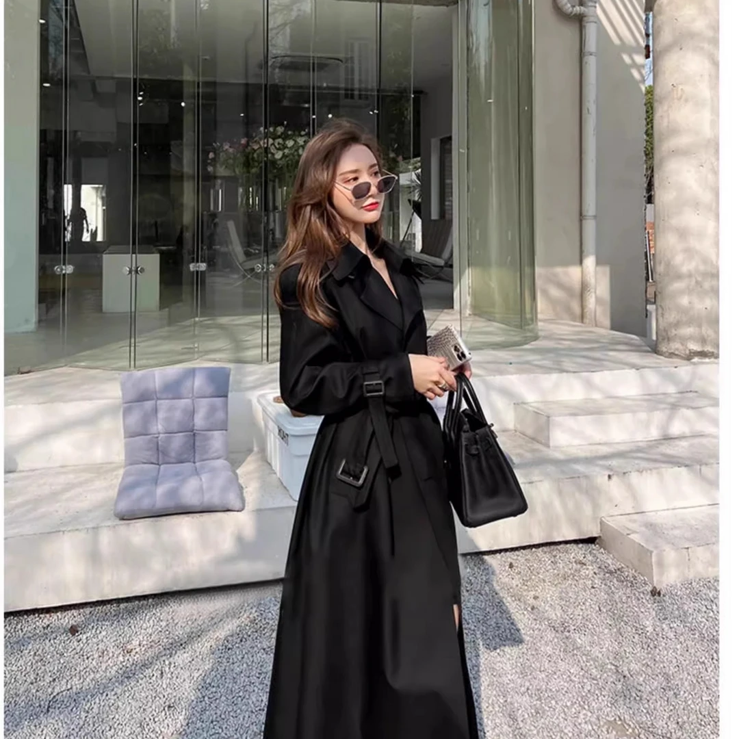 高个子女黑色宽松大码加长版到脚踝英伦风衣外套春秋季超长款大衣