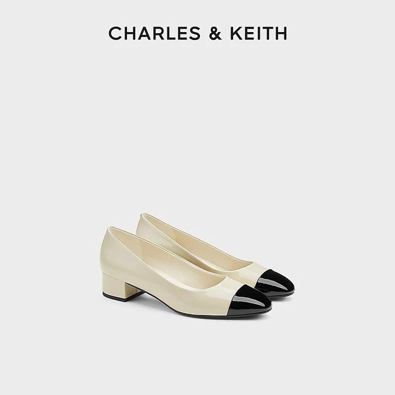 CHARLES & KEITH气质百搭亮面拼色粗跟时尚单鞋女 CK1-60580296
