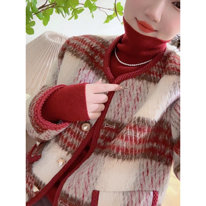 【小媛家】红色夹羽绒小香风毛呢外套女短款小个子开衫秋冬