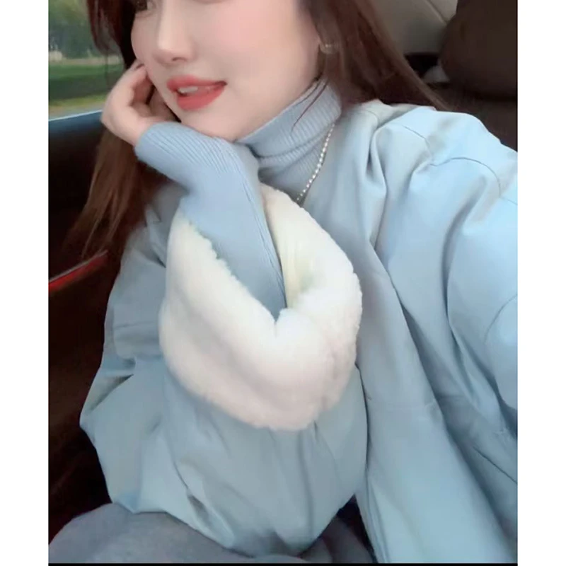 【小媛家】蓝色羊羔毛袖口服外套冬季短款女2024新款小个子羽绒服