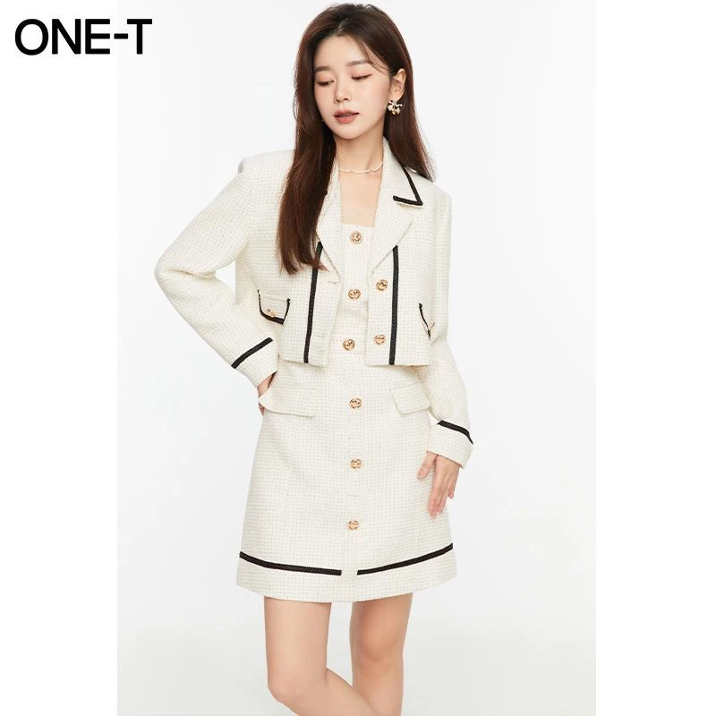 【千颂妮专享】凡兔小香风外套连衣裙套装拼接撞色百搭两件套2D1060