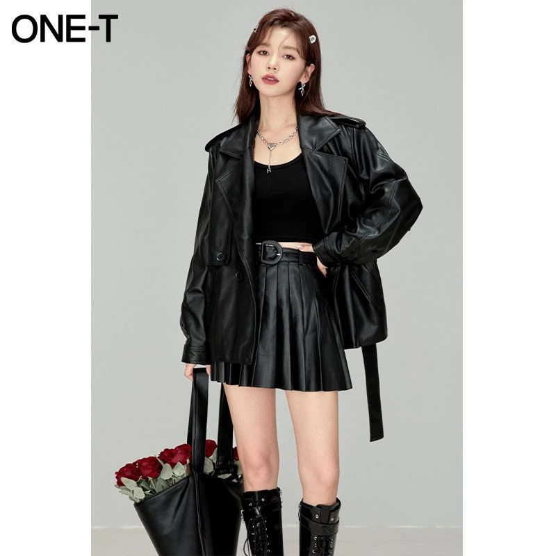 凡兔春秋时尚个性宽松翻领皮衣外套女 4J712
