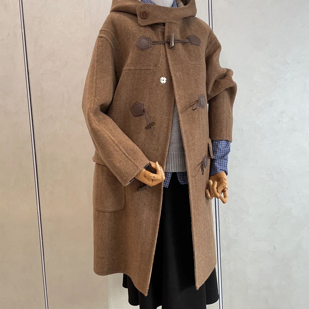 8608款新款连帽纽角扣双面羊毛外套女款